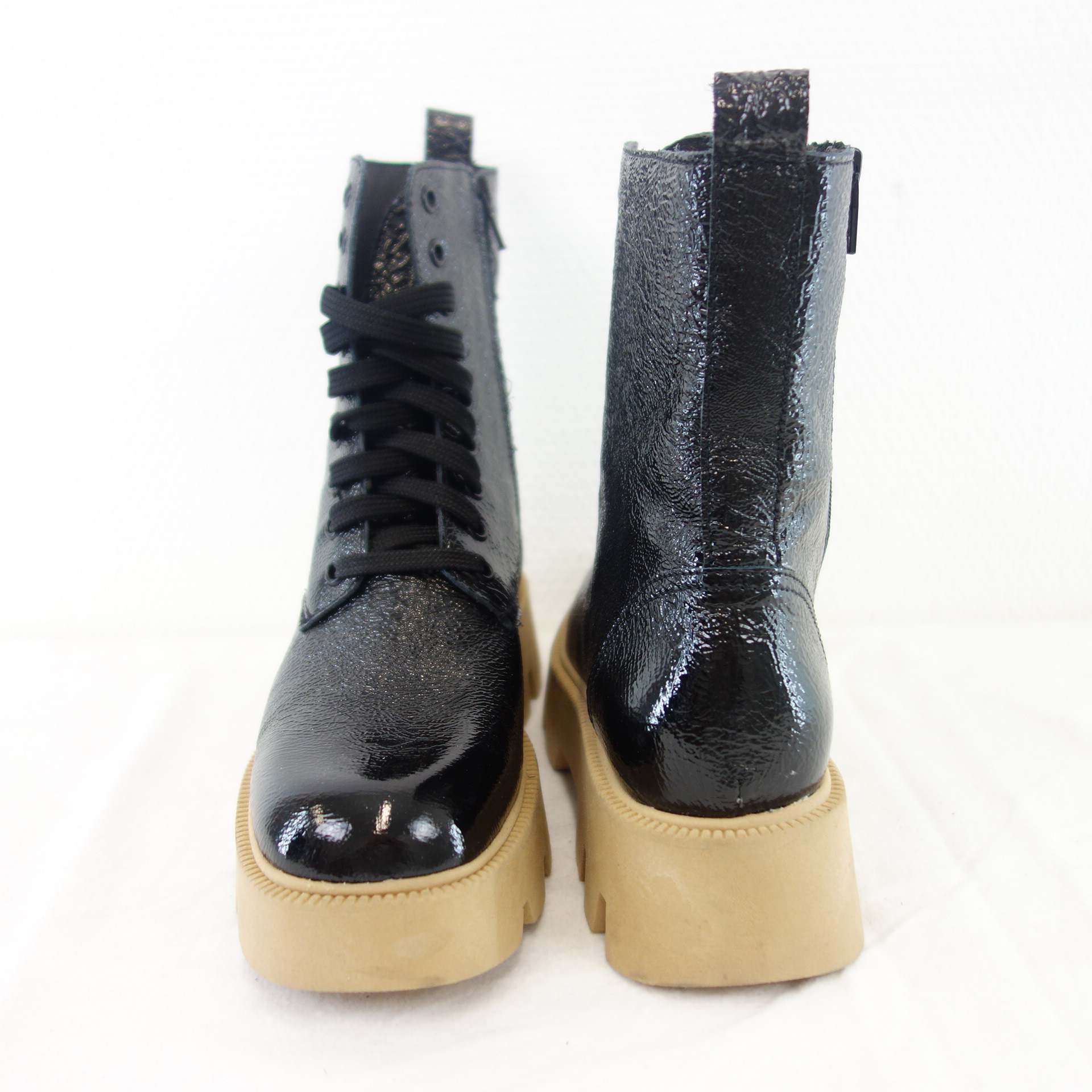 BUKELA Damen Schuhe Stiefeletten Combat Boots Stiefel Leder Schwarz Gr 37