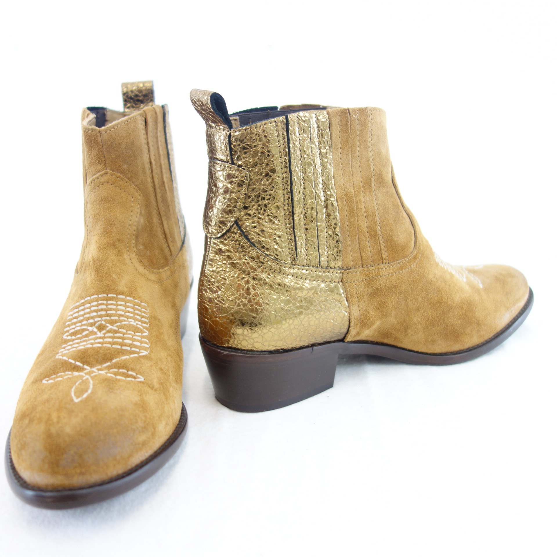 MÈLINÉ Damen Schuhe Stiefeletten Stiefel Celsea Boots Braun Gold Leder 37 ( 38 )