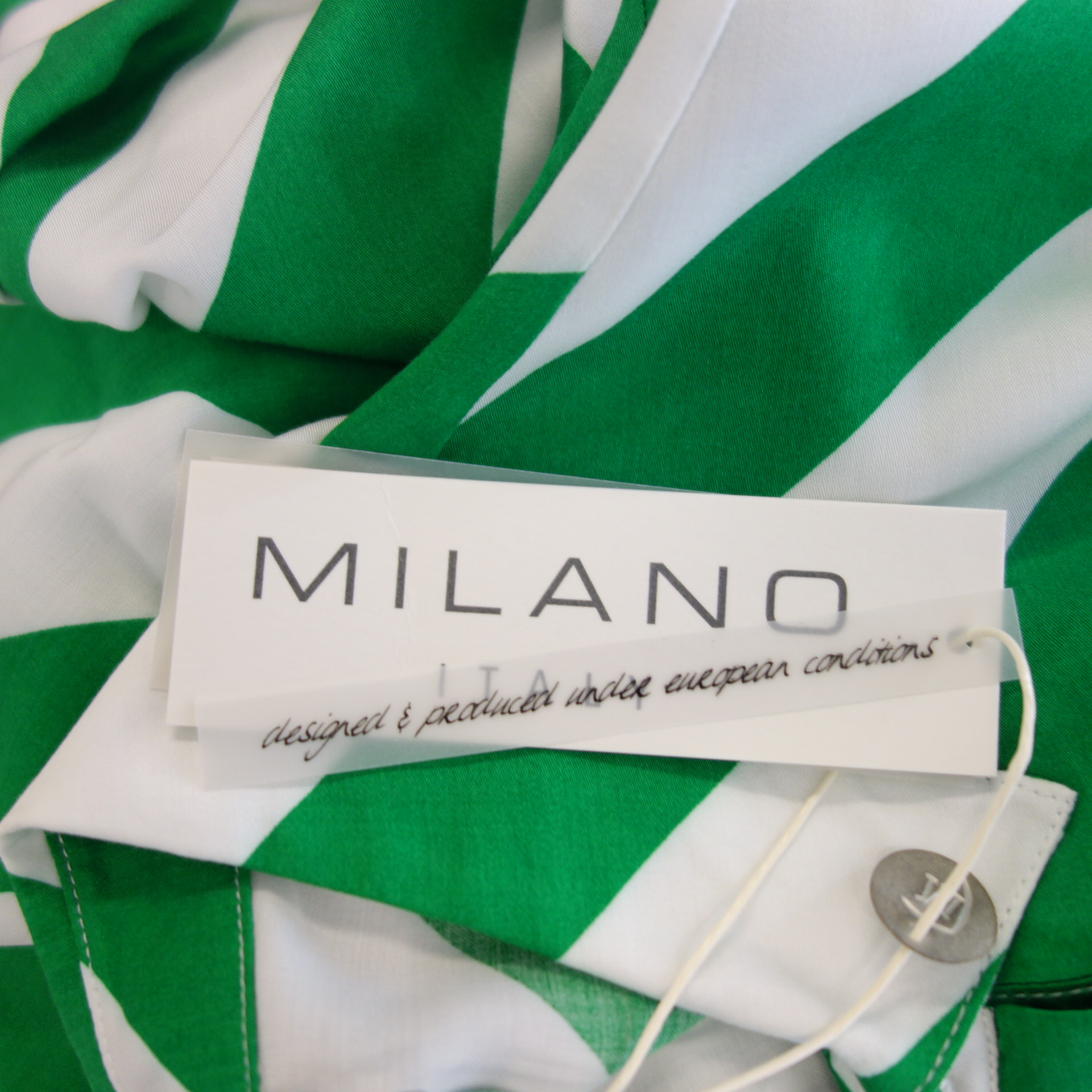 MILANO Italy Damen Bluse Tunika Hemd Oberteil Grün Weiß Gestreift 100% Viskose 