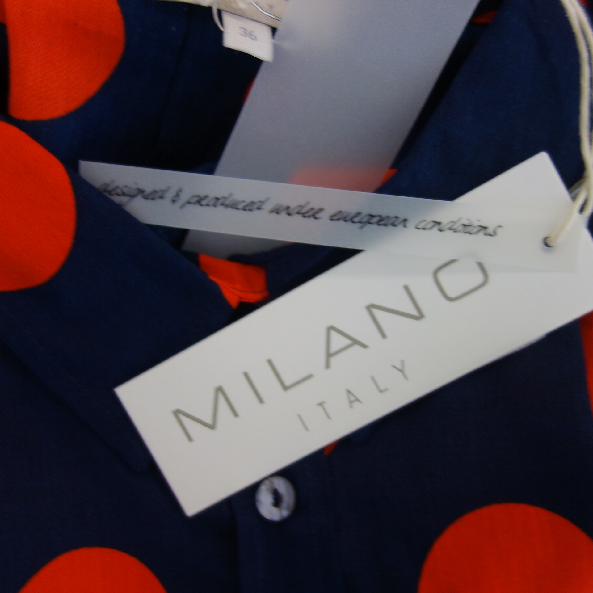 MILANO Italy Damen Bluse Tunika Hemd Oberteil Gepunktet Baumwolle Rot Blau