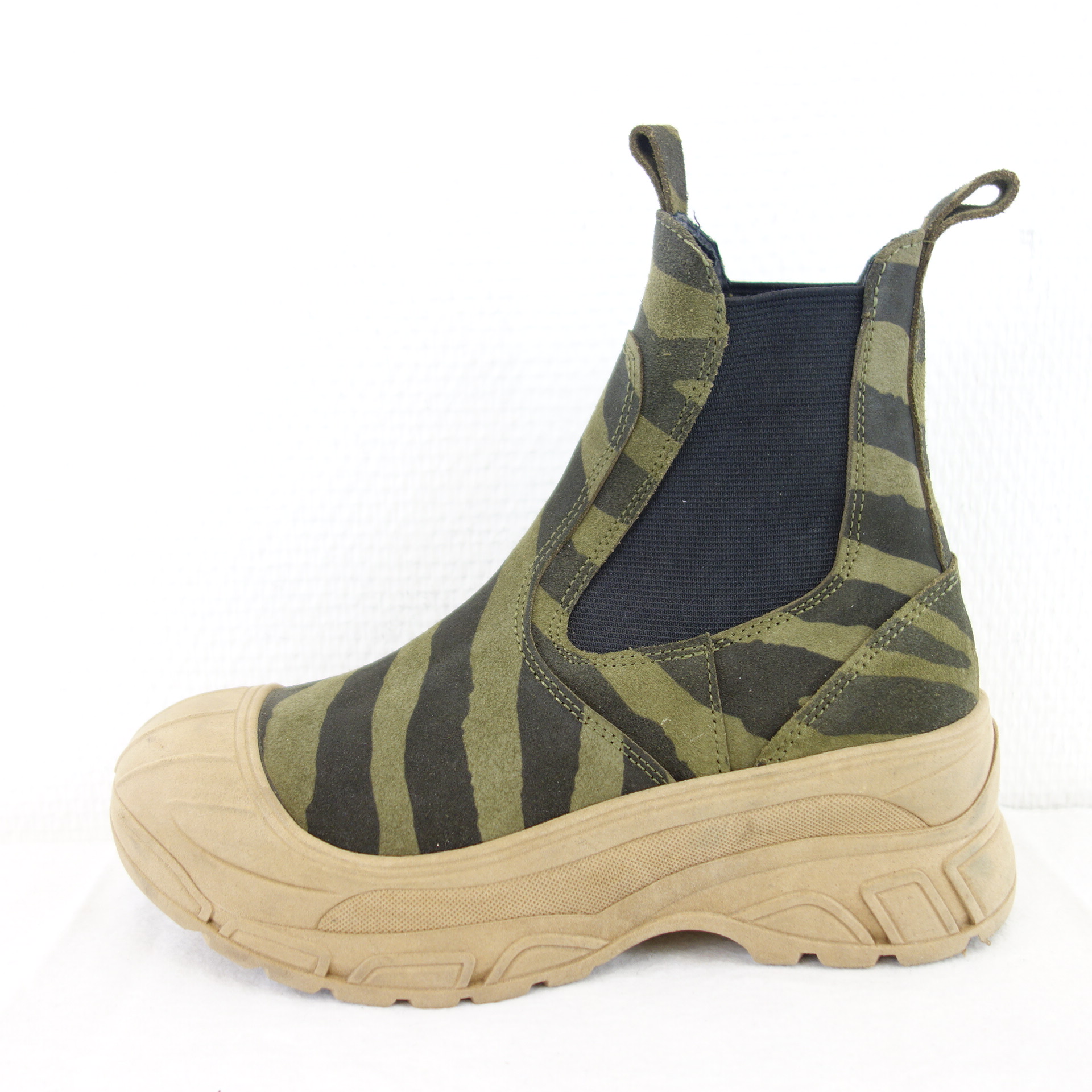 BUKELA Damen Schuhe Chelsea Boots Stiefeletten Stiefel Leder Grün Camouflage 37