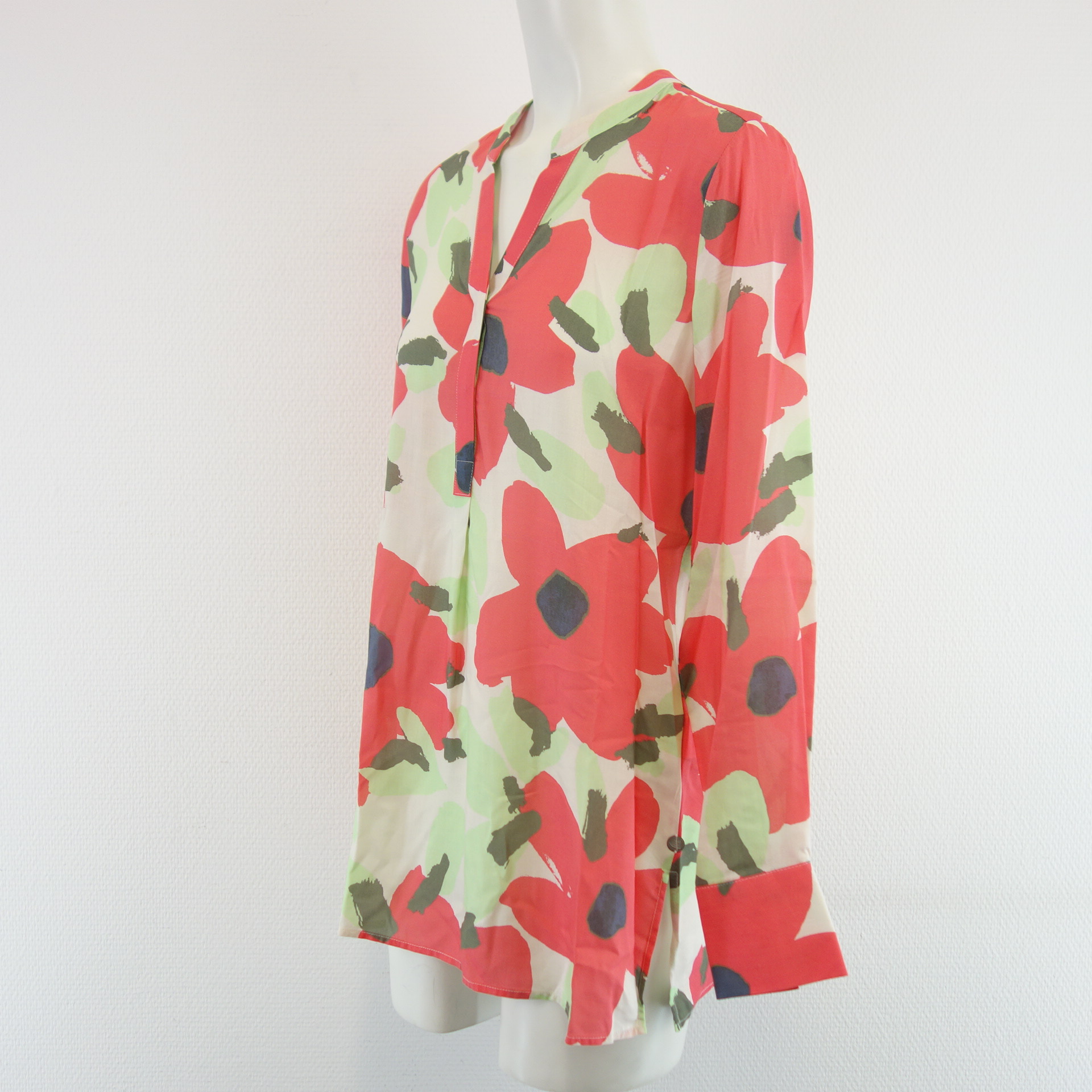 Damen Bluse MILANO ITALY Rot Grün Beige Blumen Muster 100% Viskose
