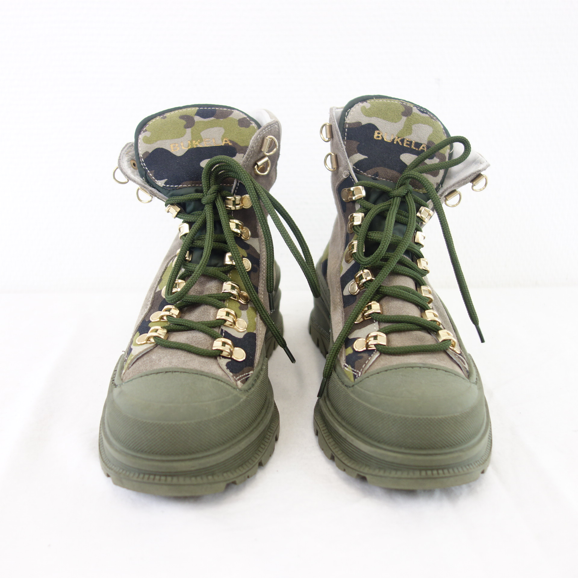 BUKELA Damen Schuhe Halbschuhe Boots Stiefeletten Leder Camouflage Khaki Schnürer Gr 37