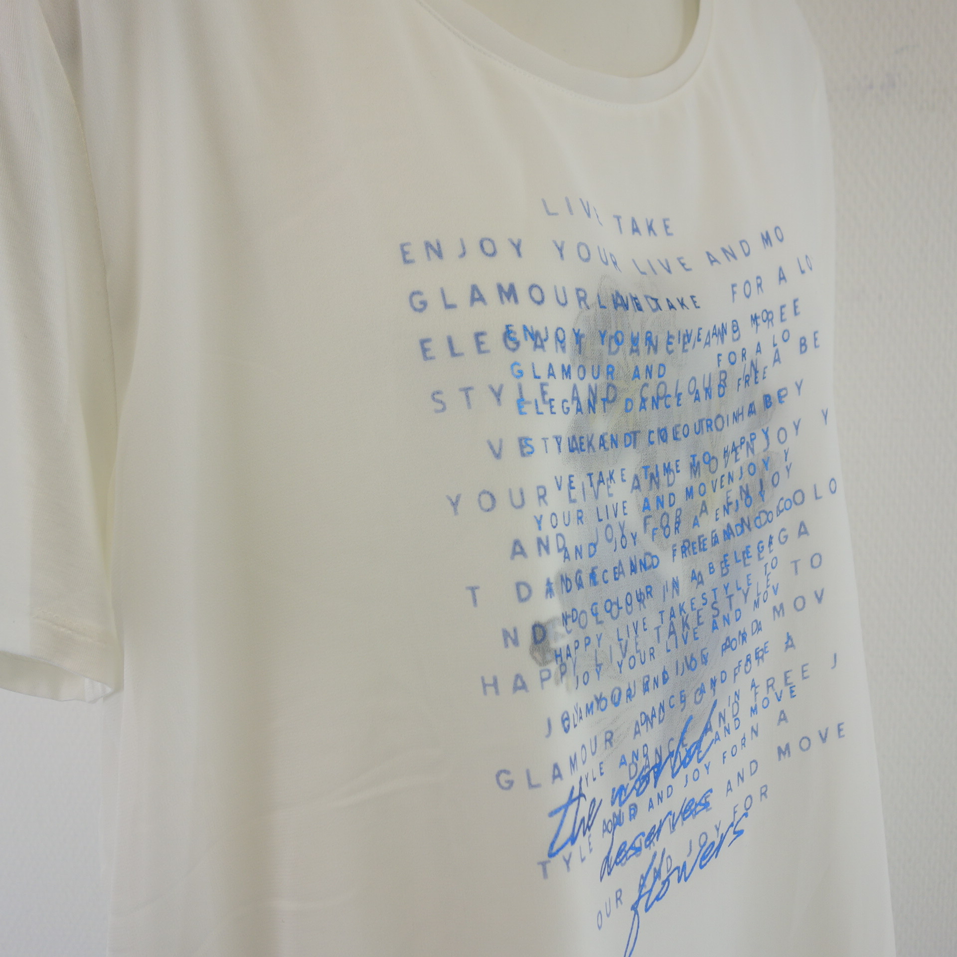 MORE & MORE Damen Sommer T Shirt T-Shirt Oberteil  Weiß Print Blau Motto