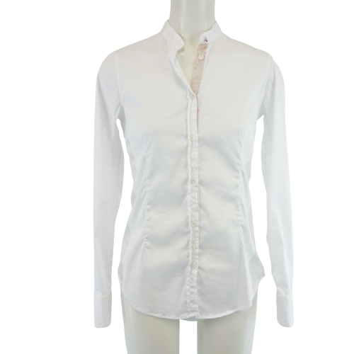 AGLINI Damen Bluse Tunika Oberteil Weiß Stretch tailliert Modell LINDA Zierstreifen Rose Straßknopf