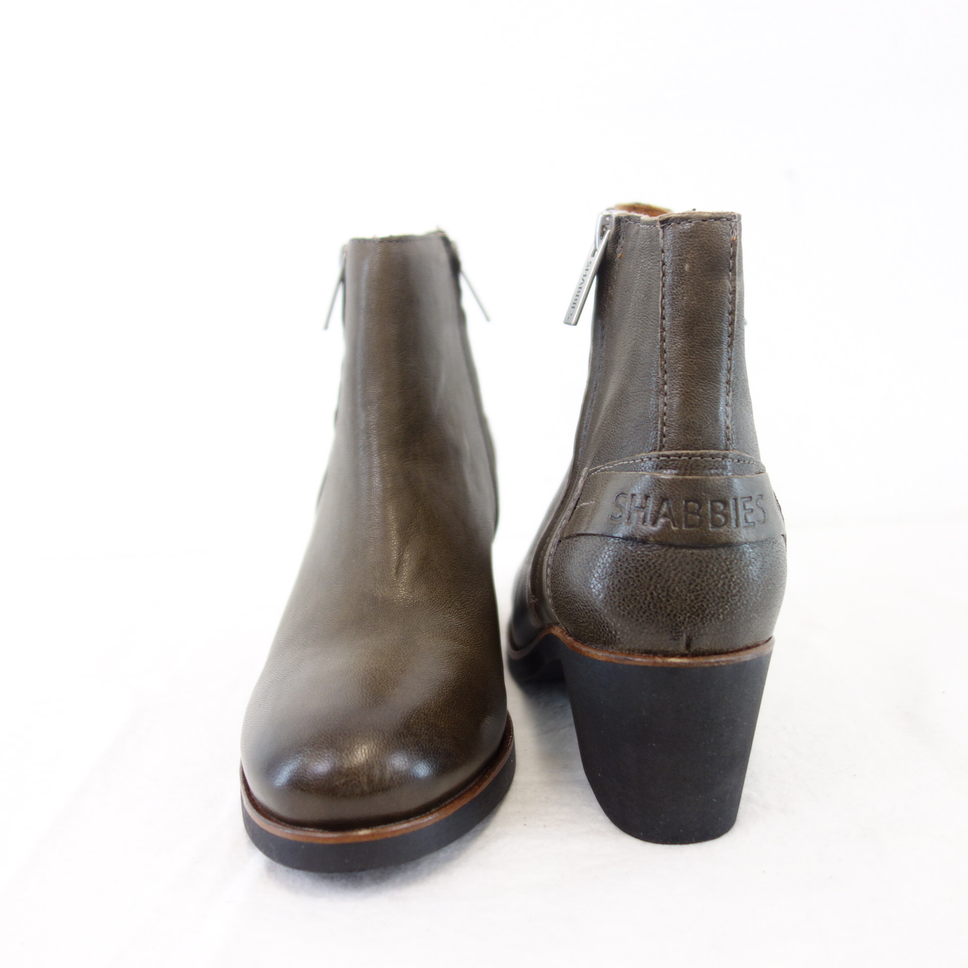 SHABBIES Damen Schuhe Stiefeletten Stiefel Boot Leder Grau Taupe Blockabsatz