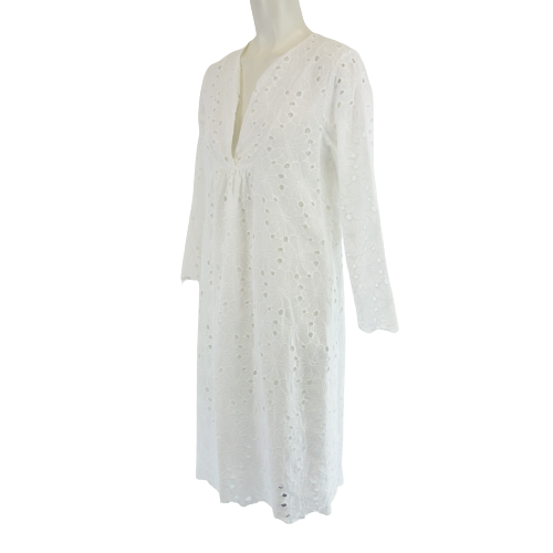 CALIBAN Damen Sommer Kleid Sommerkleid Tunikakleid Blusenkleid Weiß Lochspitze Baumwolle Ibiza Look