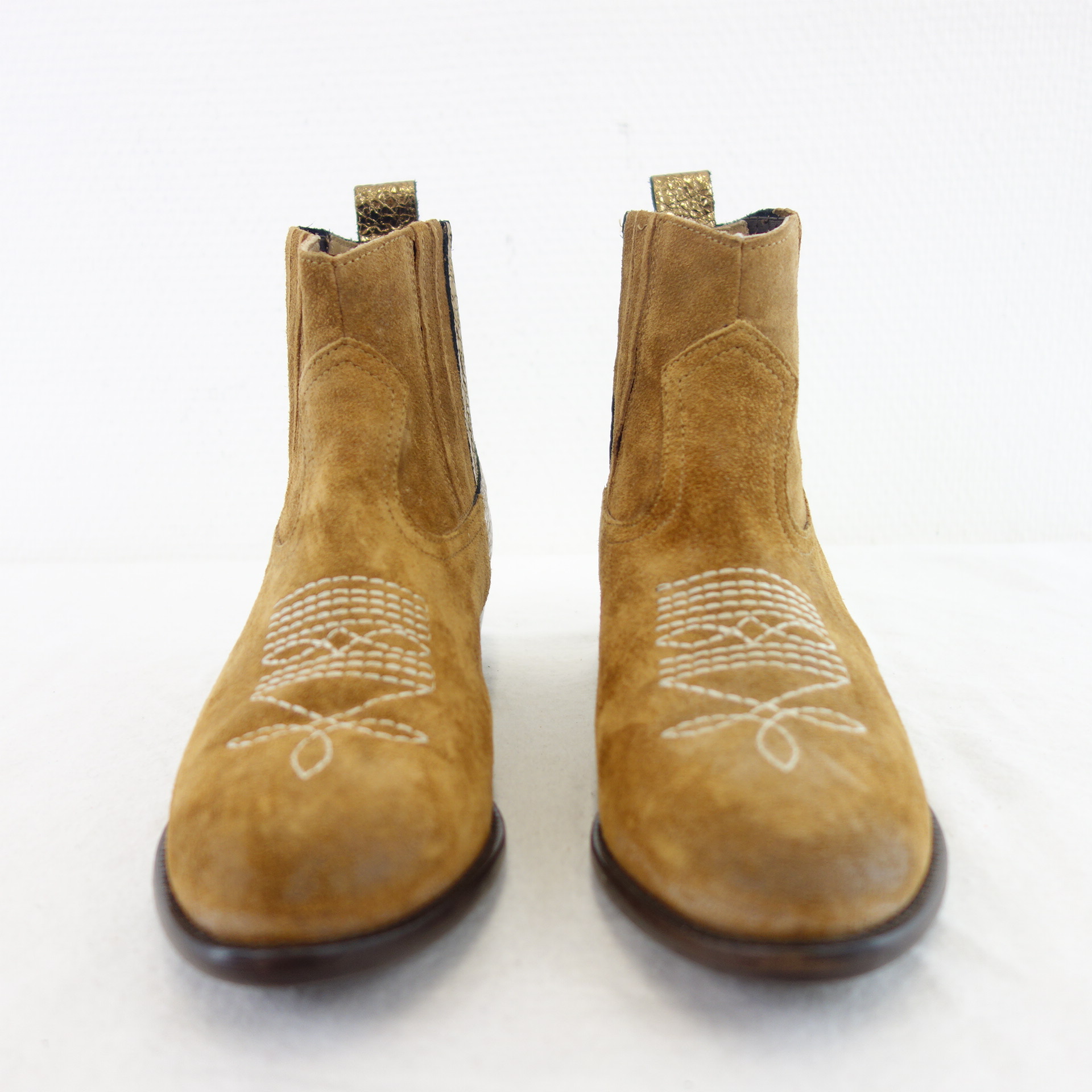 MÈLINÉ Damen Schuhe Stiefeletten Stiefel Celsea Boots Braun Gold Leder 37 ( 38 )
