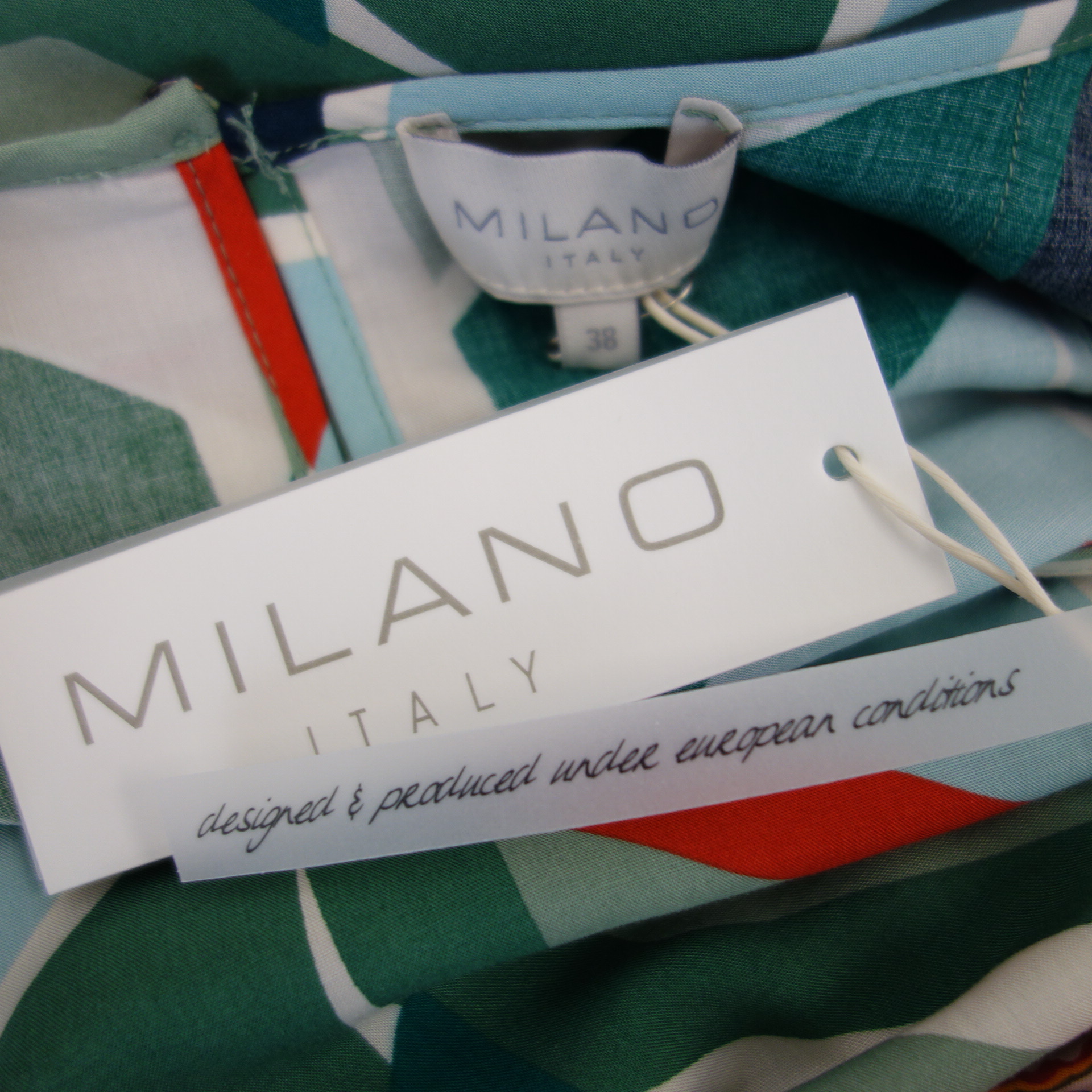 MILANO Italy Damen Bluse Grün Beige Rot 100% Viskose 
