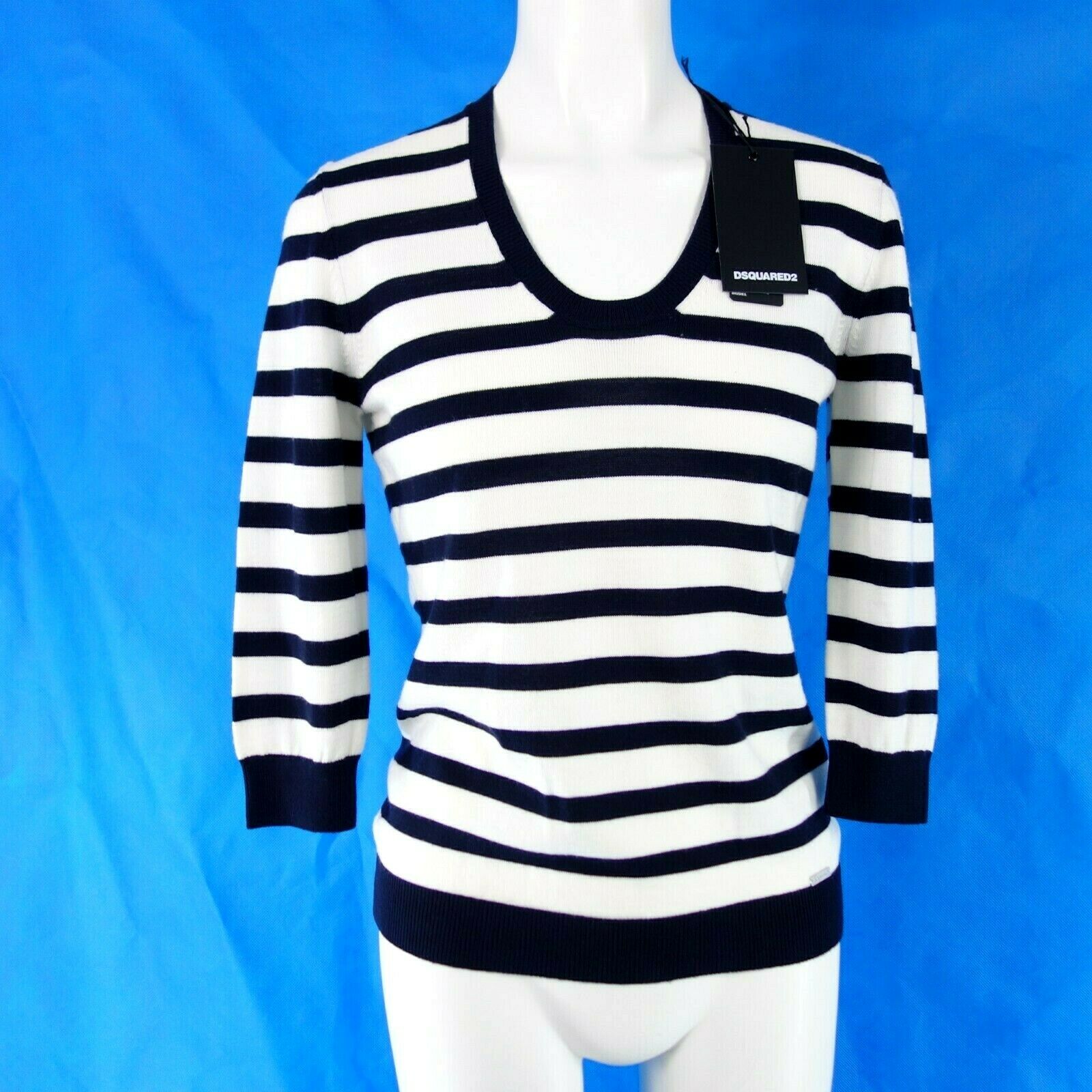 Dsquared2 Designer Pullover S 36 Blau Weiß Wolle Maritim Feinstrick Np 379 Neu