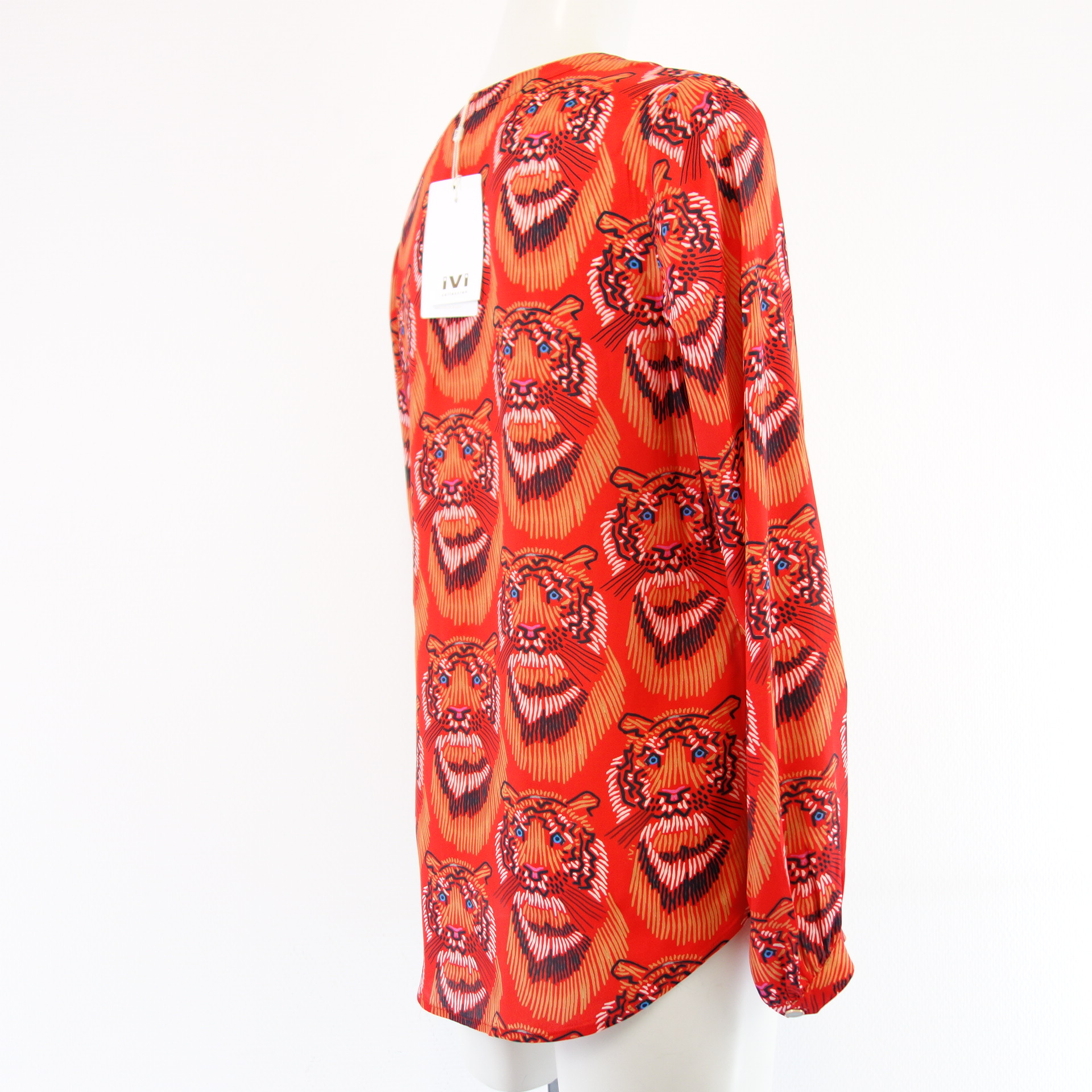 IVI Damen Bluse Tunika Oberteil Hemd Shirt Viskose Seide Print Modell BIG CAT Rot 