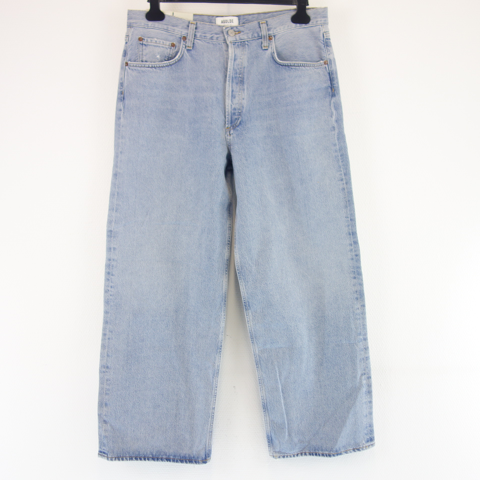 Weite kurze Designer Jeans Mittelblau Knopfleiste im Baggy Style der 90 iger
