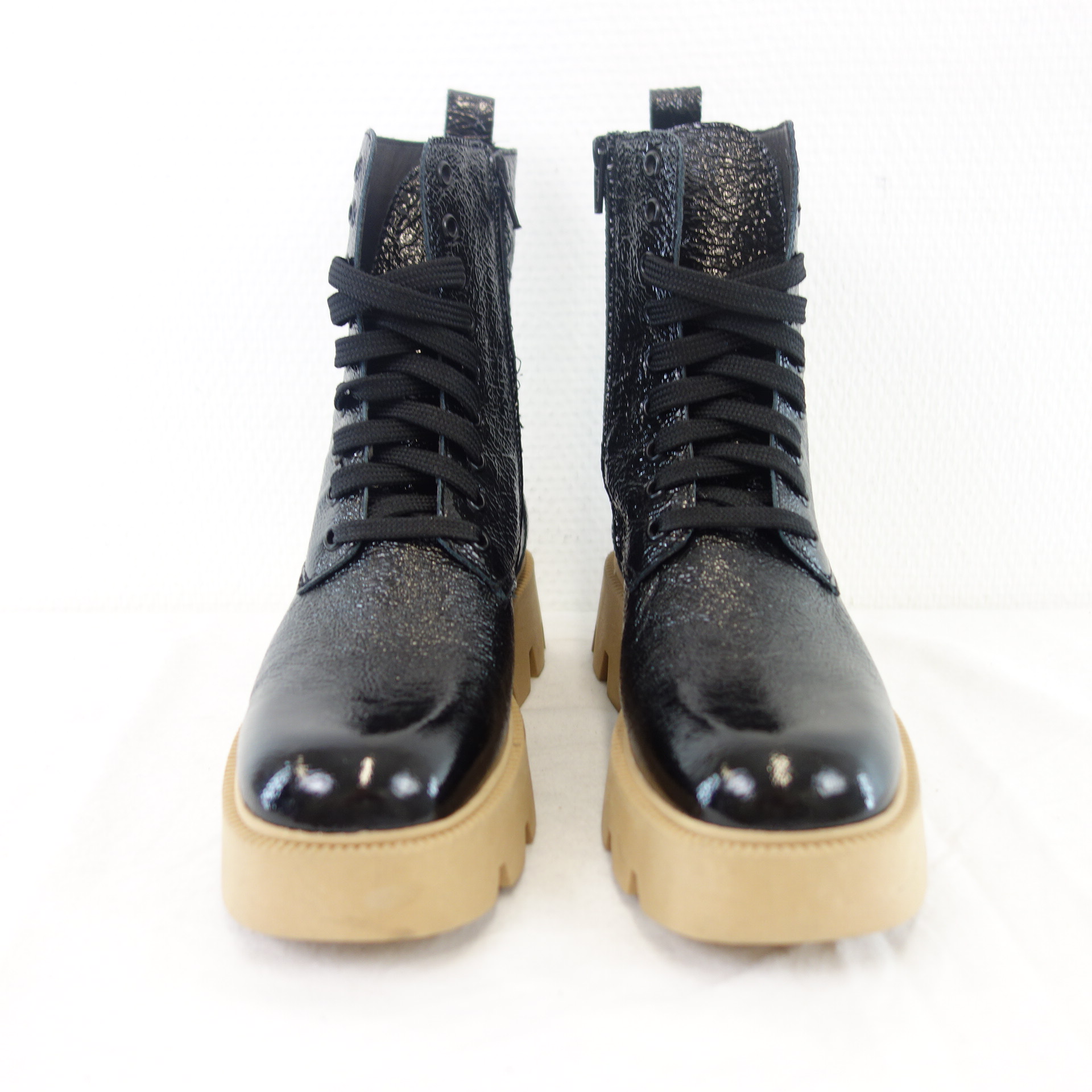 BUKELA Damen Schuhe Stiefeletten Combat Boots Stiefel Leder Schwarz Gr 37
