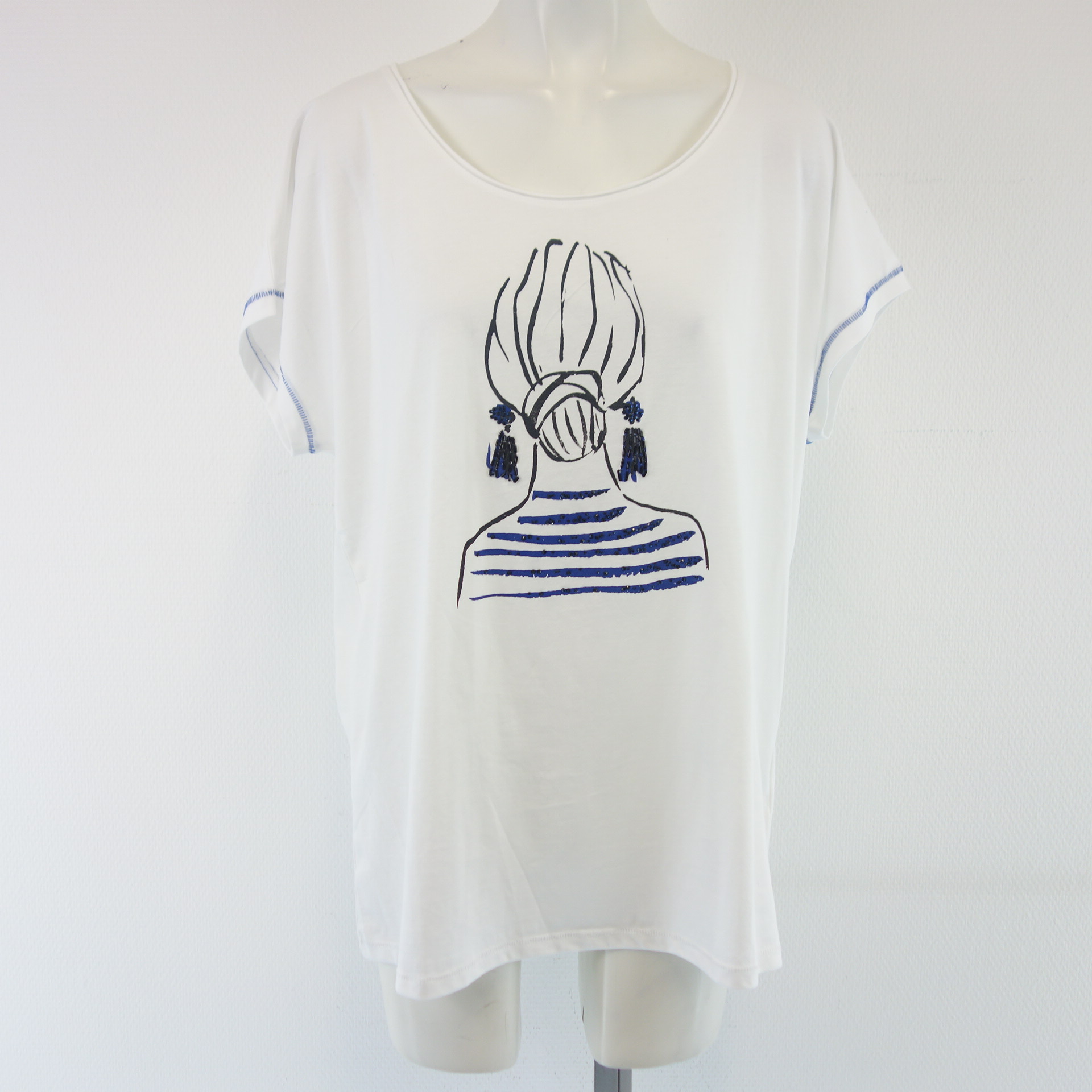 OUI Damen T-Shirt T Shirt Weiß Gr 42 Print Straß Ziersteine 100% Baumwolle 