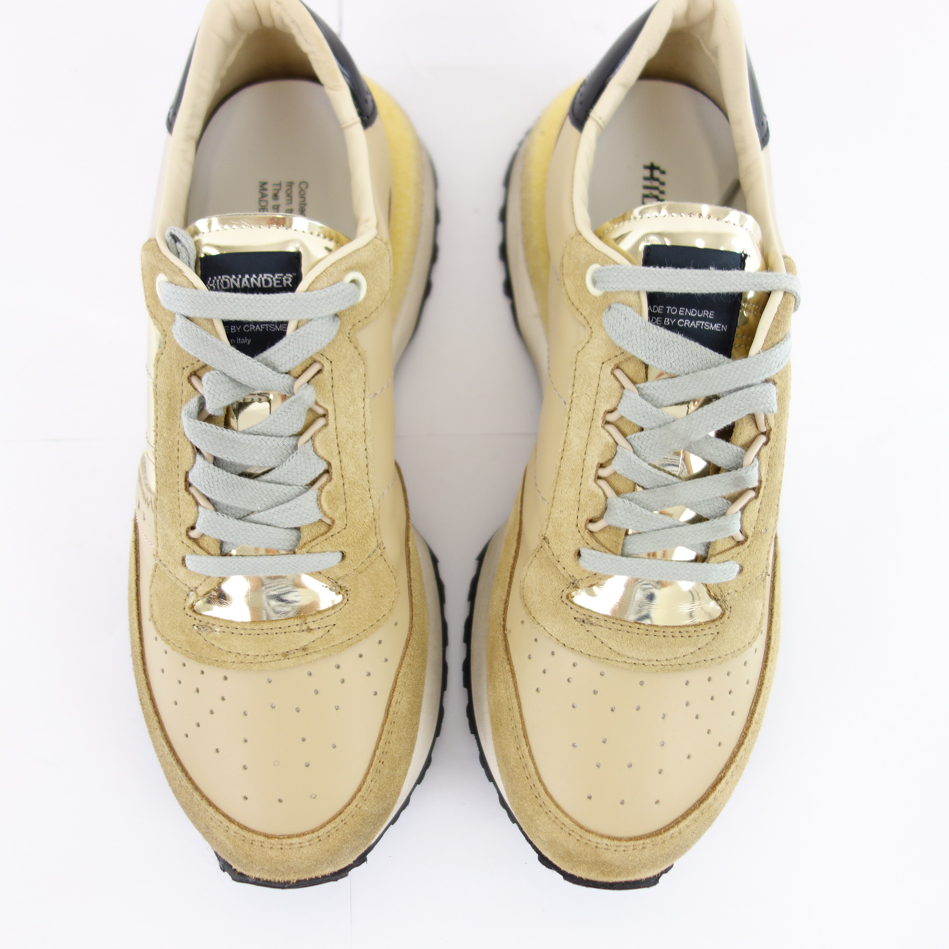 HIDNANDER Damen Schuhe Low Top Sneaker Sportschuhe Gold Modell TENKEI Leder Textil